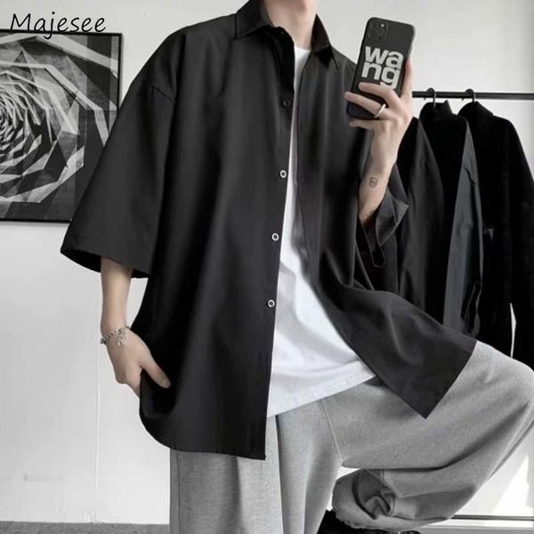 

men's casual shirts harajuku black men short sleeve loose korean style drape single breasted teens handsome chic large size s-3xl shir, White;black