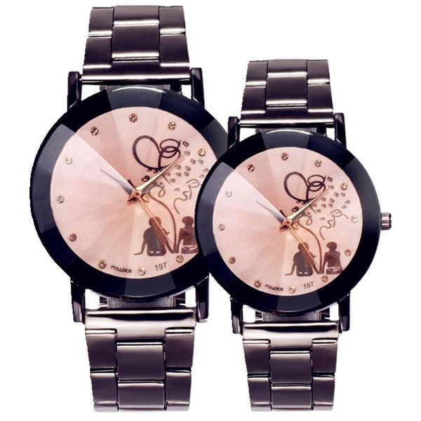 

stainless steel alloy lovers couple pair watches women mens love heart trees black quartz crystal dress wrist wristwatches, Slivery;brown