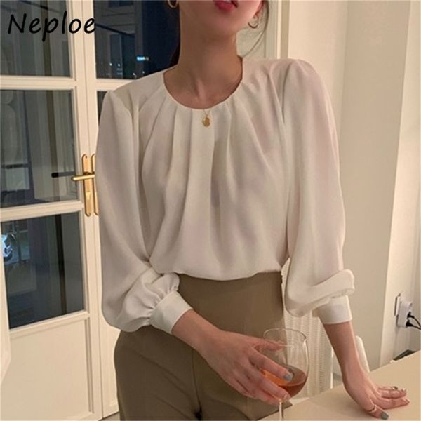 

o neck lantern long sleeve pullover blouse women spring work style ol blusas all match white shirt 210422