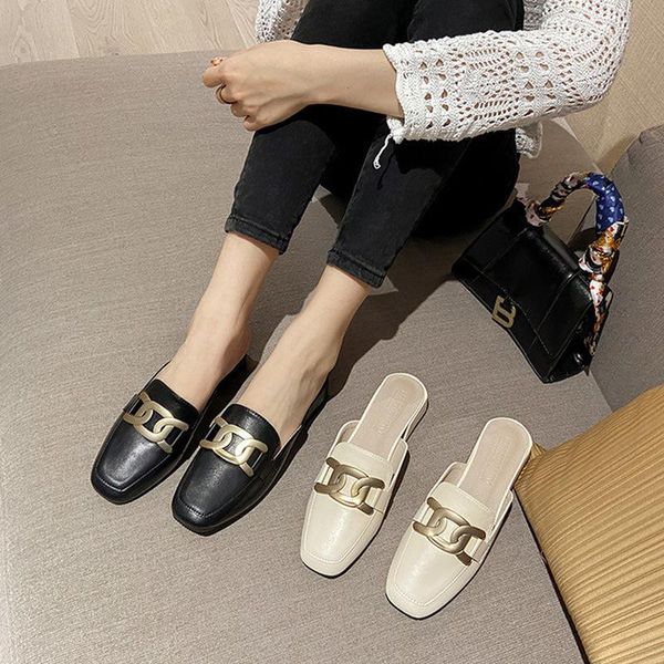 

slippers black flat mules women shoes pu leather slip on flats for square toe ladies flip flops spring slides