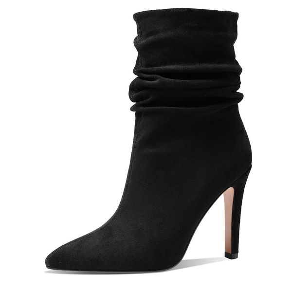 

great quality big size 43 thin high heels pointed toe elegant office lady party slip on ankle boots flock black woman shoes