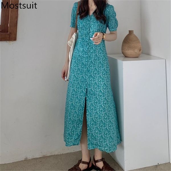 

blue printed v-neck women long dress summer short sleeve single-breasted splitting dresses elegant vintage ladies vestidos 210513, Black;gray