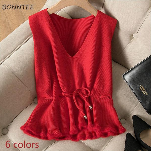 

women's vests sweater vest women fresh colors all-match students lady clothing sleeveless ins casual spring lace up solid female plain, Black;white