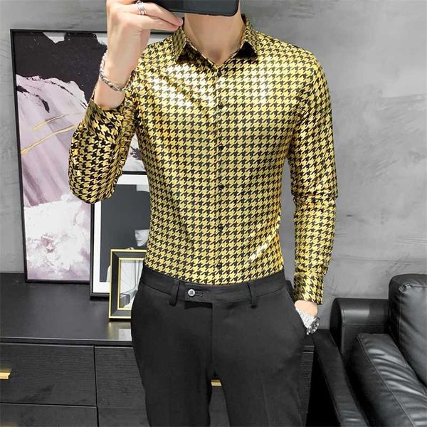 Осенние мужские рубашки повседневная стройная ель с длинным рукавом платье рубашка плед мужская рубашка золотая печать ночной клуб одежды Chemise Homme 210527