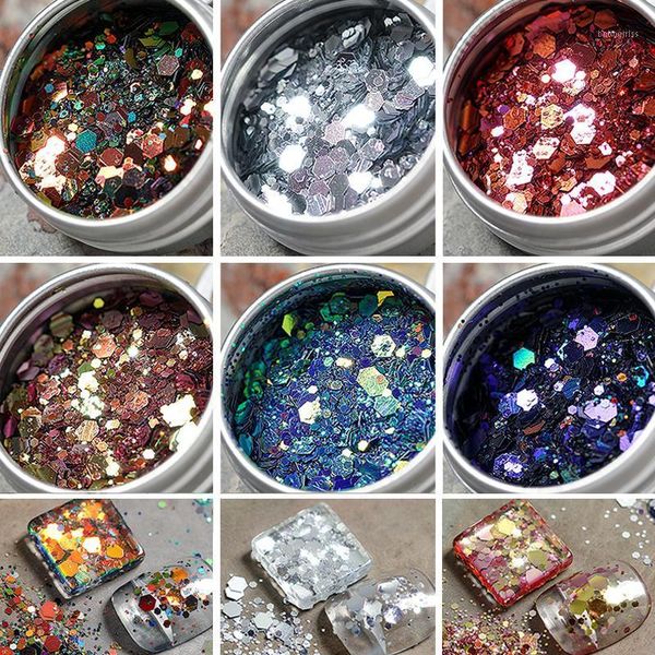 

1box holographic mixed hexagon shape chunky nail glitter sequins sparkly flakes slices manicure body/eye/face glitter1, Silver;gold