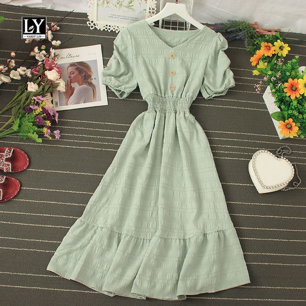 

dresses women ruffles green french smoked platycodon dress super fairy high-waisted v-neck flounced dresses, Black;gray