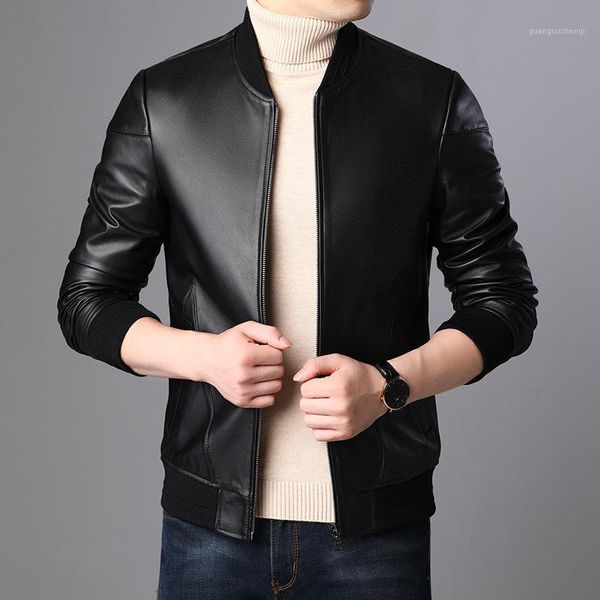 

men's leather & faux 2021 haining jacket sheep handsome collarless locomotive autumn winter, Black