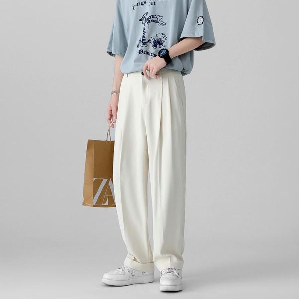 

men's pants summer thin casual fashion black white wide-leg men korean loose breathable ice silk mens trousers s-xl