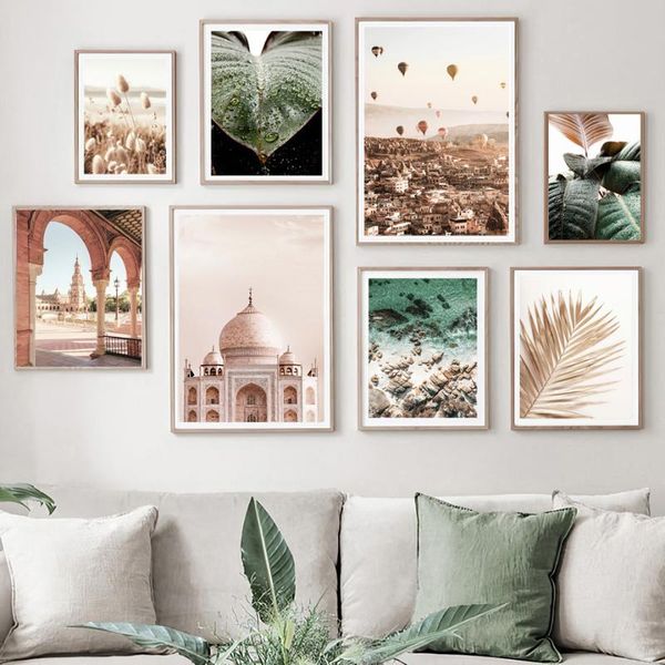 

paintings taj mahal sea palm leaf grass arch door wall art canvas painting nordic posters and prints pictures for living room decor