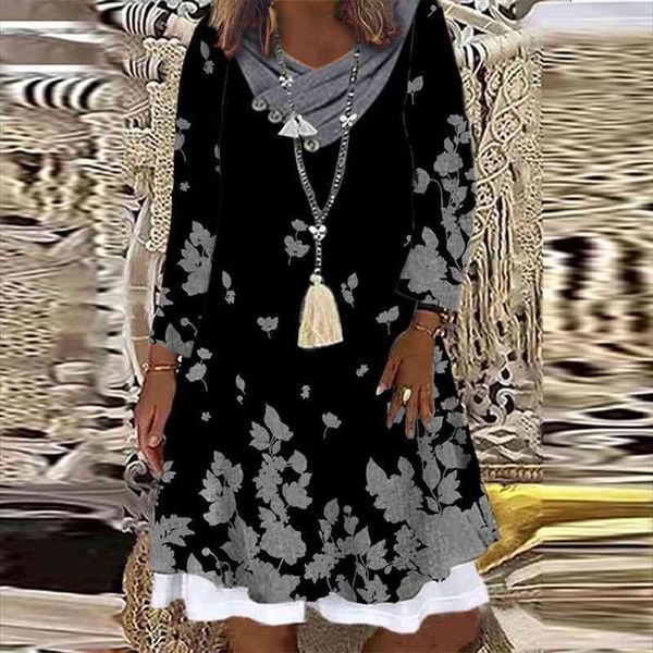 

harajuku vintage printed loose a-line dress women autumn elegant v-neck button chic dresses ladies casual long sleeve dress, Black;gray