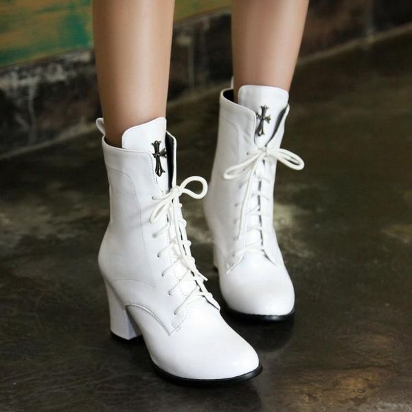 

winter high heels plush mid boots thick soled heel female red lace up, Black