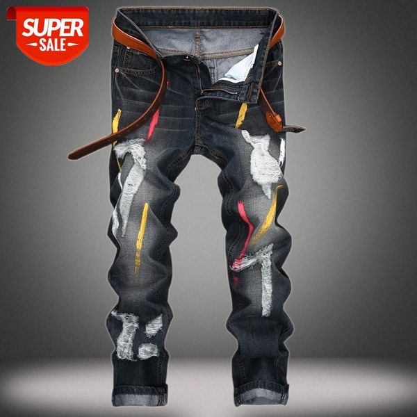 

painted jeans men's european and american ripped personality nostalgic straight-leg #mc38, Blue