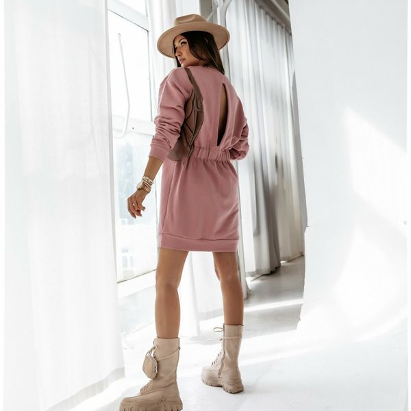 

women fashion hoodies dress casual o-neck long sleeve backless elasitc waist mini dress solid loose streetwear autumn 210412, Black;gray