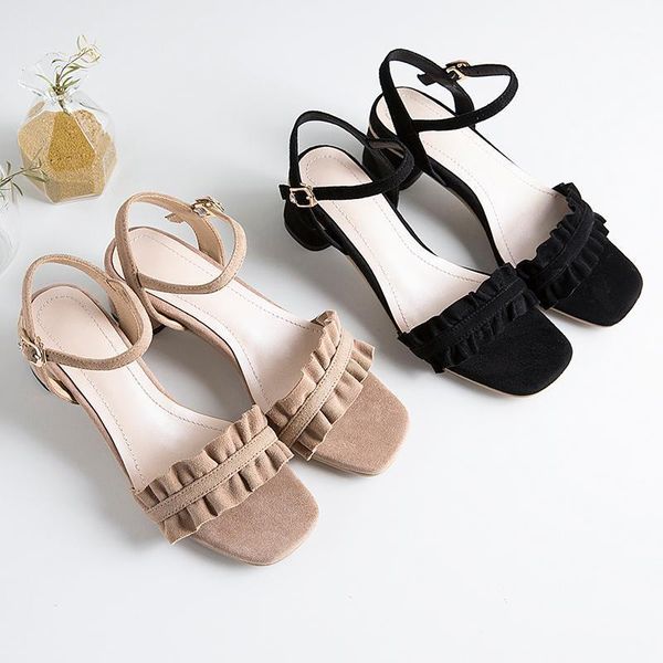 

sandals sweet brand design ruffles ladies shoes genuine leather thick heels pumps summer est retro wedding office woman1, Black