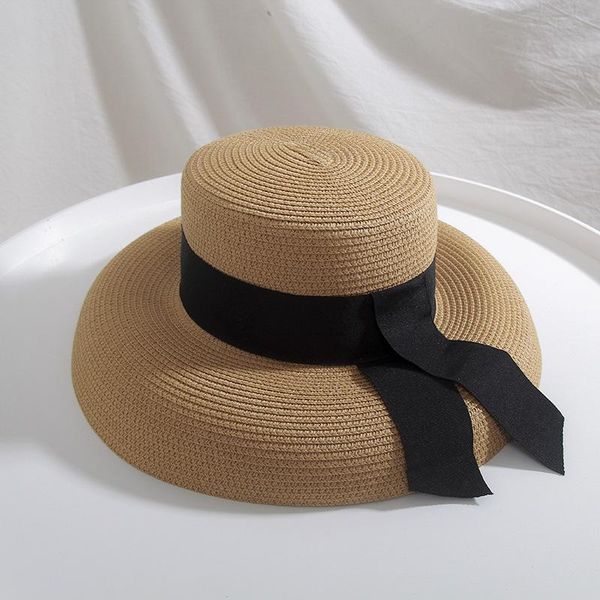 

wide brim hats hepburn sun hat summer anti-uv women elegant black ribbon solid plain floppy straw for female beach, Blue;gray