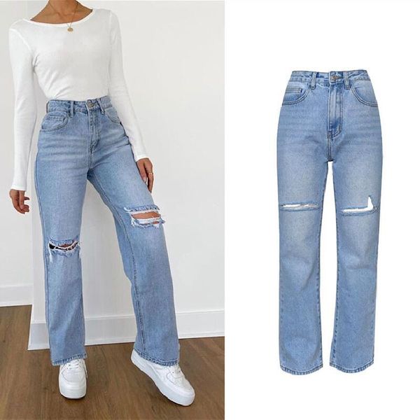 

women's jeans 2021 autumn ripped boyfriend for women fashion vintage high waist femme casual pantalones mujer vaqueros k020, Blue