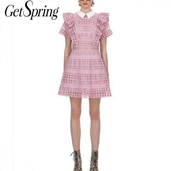 

getspring women dress pink lace es short sleeve high waist hollow out vintage slim thin ladies es 210601, Black;gray