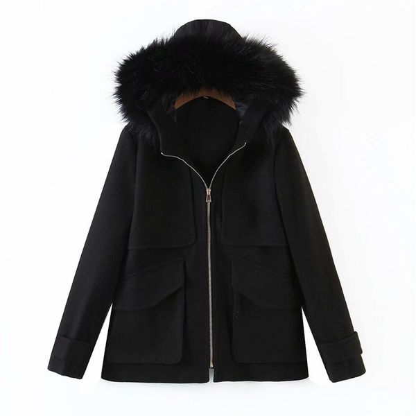 

women's jackets women winter fashion faux fur hooded za loose black outwear female stylish pockets zipper woolen thick coats chic, Black;brown