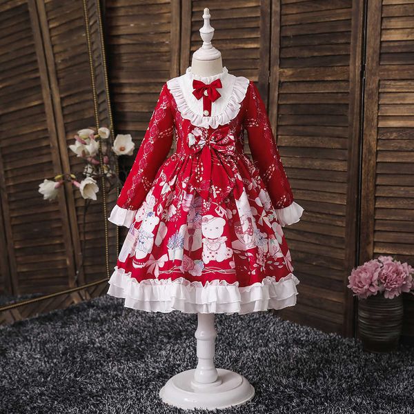 

blue lolita princess tube dress for 3-12yrs japanese style kids flower girls dresses long sleeve lace girl' party dresss, Red;yellow