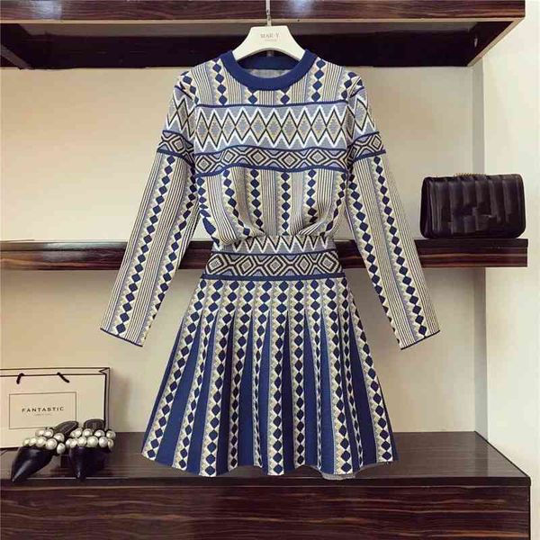 

women knitted 2-piece sets casual jacquard geometric pattern sweater jumpers a-line skirt fall winter blue black gray 210525, White