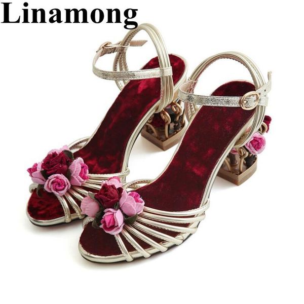 

summer est flower fashion square heel birdcage decoration buckle strap sweet party women sandals shoes, Black
