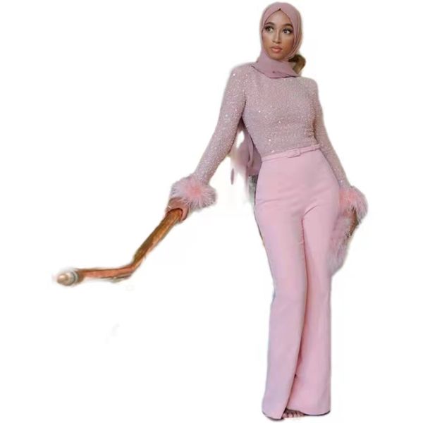 Nova chegada rosa muçulmano vestidos de bainha calça 2022 com pena luxo luxo de manga longa pena árabe vestido de noite elegante dubai abaya mulheres jumpsuit vestes de soriee