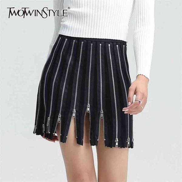 

striped patchwork zipper skirt for women high waist casual streetwear skirts female summer fashion stylish 210521, Black