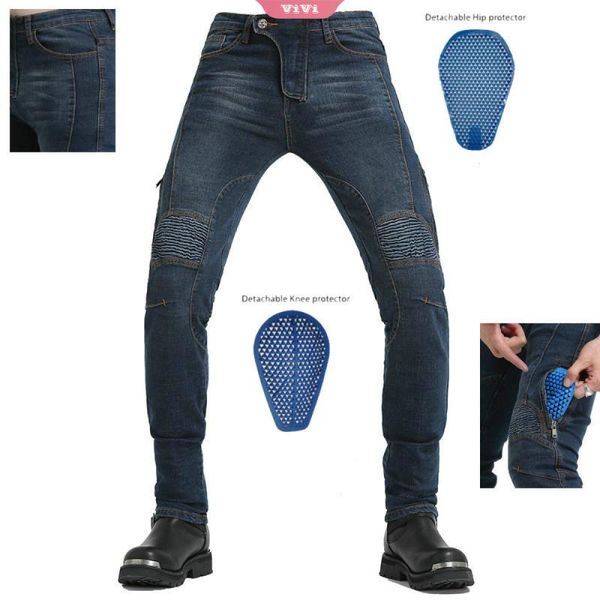 

men's jeans overalls with padded armor high-quality motorcycle pants multi-pocket riding, Blue
