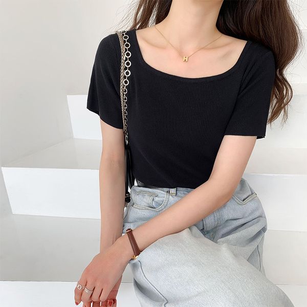 

t-shirt square neck french knitted women's summer 2021 new sleeve clavicle high waist short t-shirt, White
