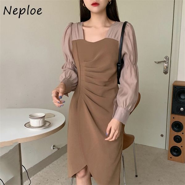 

korean hit color mesh patchwork elegant dress women square collar puff long sleeve draped vestidos slim robe spring 210422, Black;gray