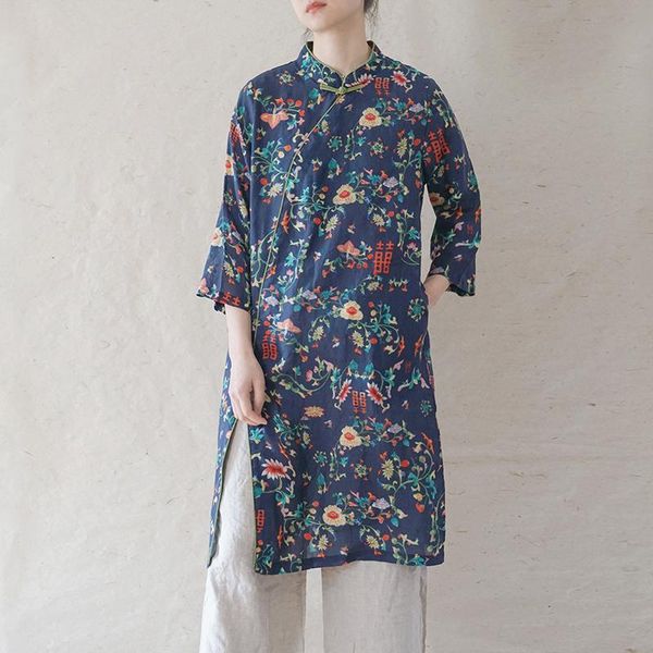 

casual dresses johnature women ramie print floral stand seven sleeve cheongsam 2021 summer button a-line female clothes vintage dress, Black;gray