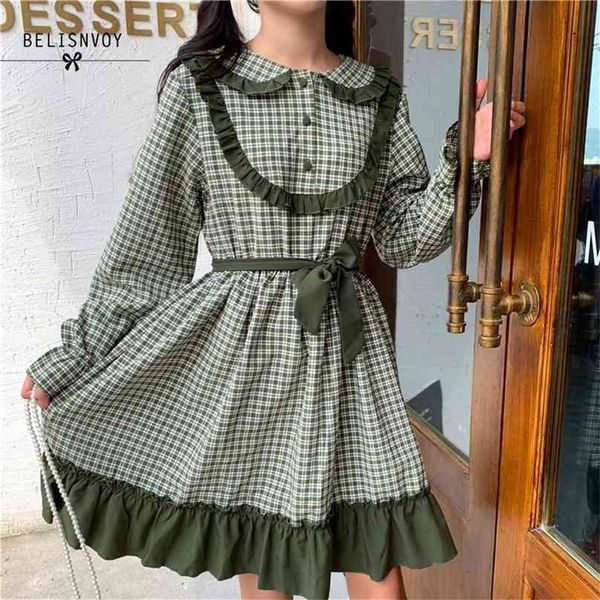 Stile Lolita giapponese Autunno Primavera Donna Abito carino Colletto Peter Pan Verde militare Plaid nero Kawaii Increspature Arco 210520