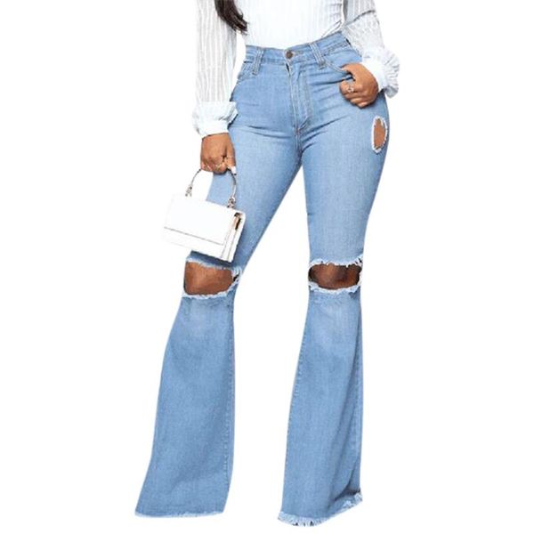 

women summer streetwear chain hollow out blue high waisted flare pants denim regular trousers women's jeans