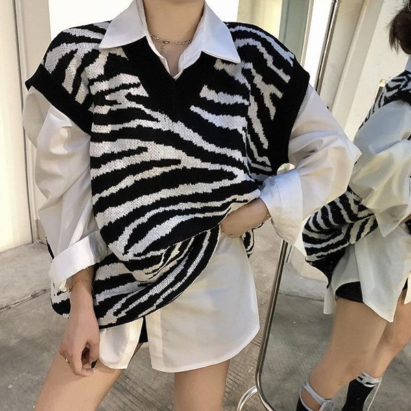 

women's vests girls pullover vest sweater autumn winter zebra striped pattern knitted women sweaters sleeveless warm oversize, Black;white
