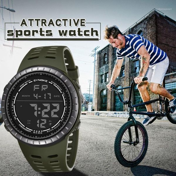 

multi-function men watch 50m waterproof led digital double action silicone electronic wrist clock reloj hombre homme wristwatches, Slivery;brown