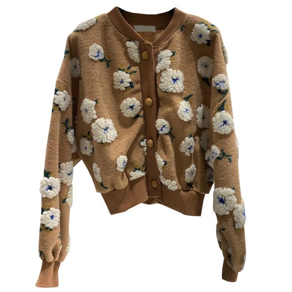 

matakawa three-dimensional flower women's coat korea's fall / winter retro jacket round neck loose jacket 210513, Black;brown
