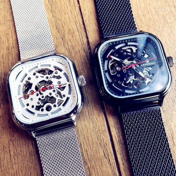 

wristwatches 2021 european and american fashion trend watch mens automatic tide brand square waterproof hollow clone, Slivery;brown