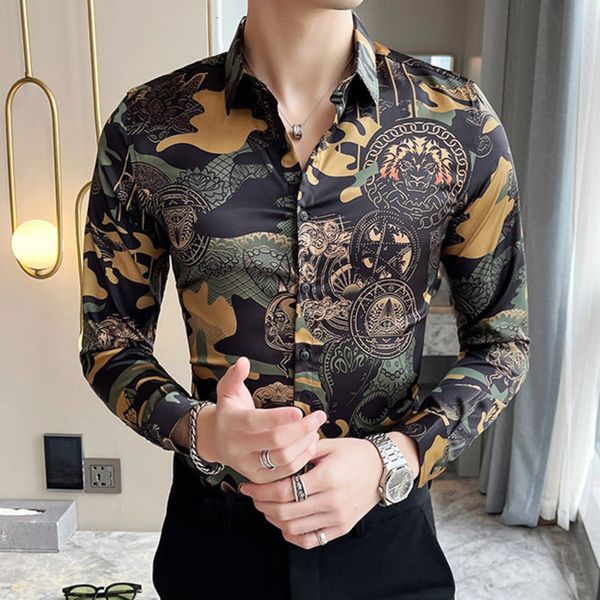 

men's casual shirts spring slim long sleeve camouflage camisa social masculina luxury gold printing shirt men wxug, White;black