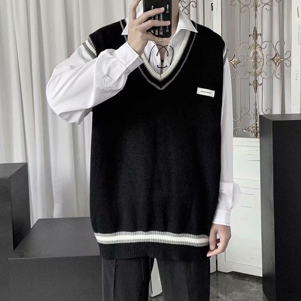 

men's vests sweater vest men v-neck patchwork leisure loose all-match streetwear sleeveless sweaters mens chic korean style teens coupl, Black;white