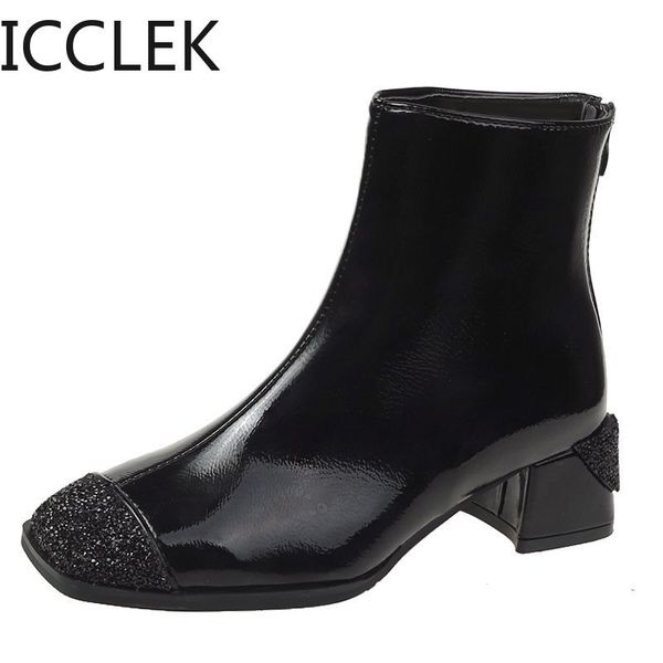 

new ankle boots women ankle boots spring winter elegant square high heels shoes female zip square heel 210428, Black