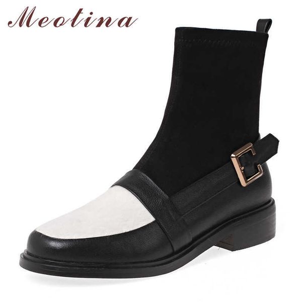 

meotina autumn ankle boots women natural genuine leather buckle block heel short boots mixed colors round toe shoes lady size 39 210608, Black