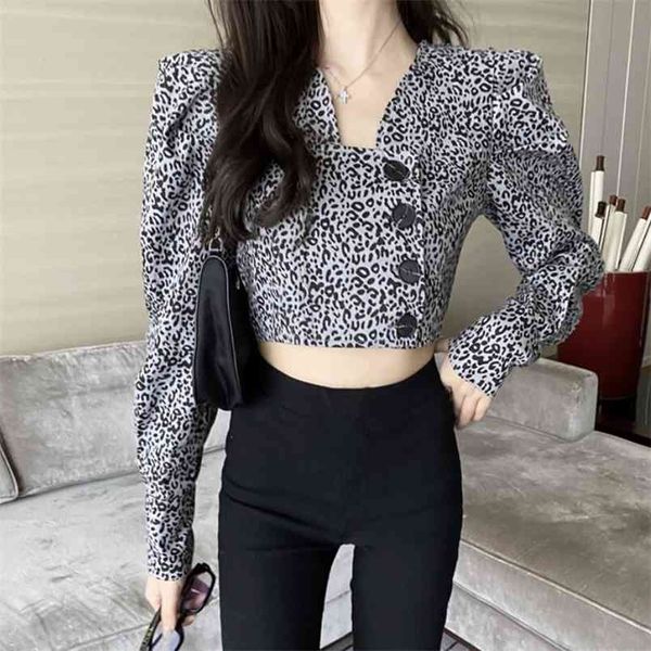 

retro spring elegant leopard print shirts square collar puff long sleeve blouse korean clothes women short 210519, White