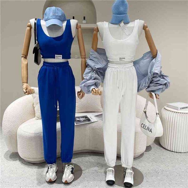 

women's two piece pants casual sports suit women's 2021 spring and summer short labeling vest + high waist two-piece trousers, White