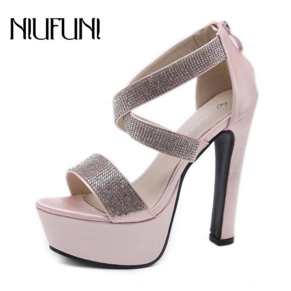 

14cm thick high heeled sandals gorgeous crystal band female shoes women platform pumps evening sandal party dress, Black