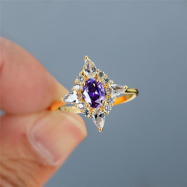 

cluster rings dainty female purple oval zirconia ring vintage gold color thin wedding bridal geometric engagement for women, Golden;silver