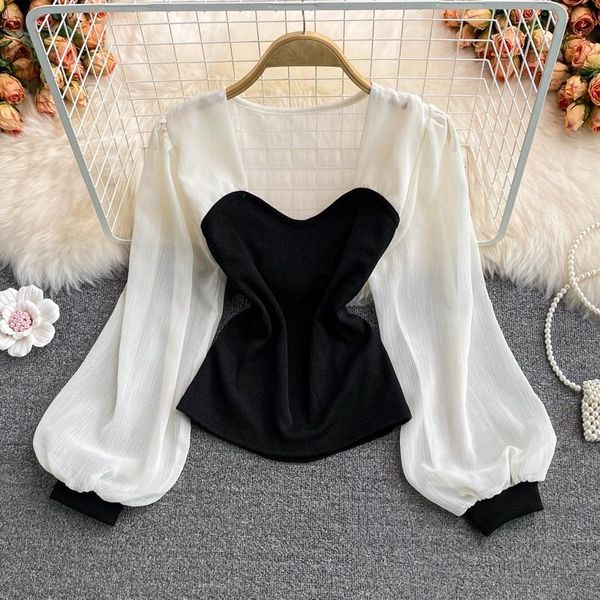 Frauen T-Shirt Herbst 2021 Chiffon Nähte Square Neck Pullover Temperament Alter-reduzierung Und Dünne Französisch Puff Sleeve Top