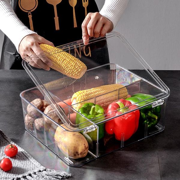 

fridge storage box container with lid and adjustable divider compartments for storage, space-saving refrig bottles & jars