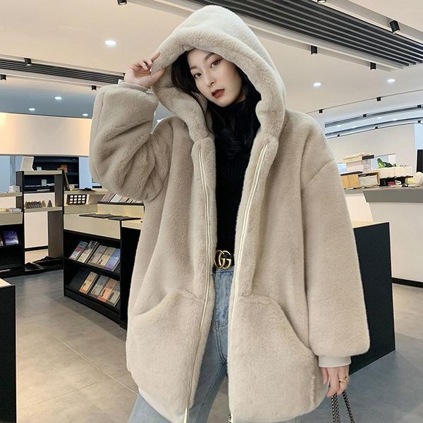 

women's fur & faux fashion plush coat women's winter imitation rex grass loose medium length 2021 hooded thickened, Black