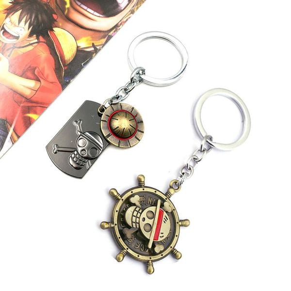 

keychains one piece luffy skull rudder hat model keychain metal key ring rotatable pendant llavero kids gift anime accessories, Silver