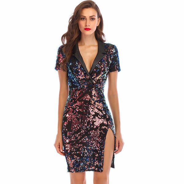 

luxury evening party dresses women's nightclub suit collar sequin factory, Black